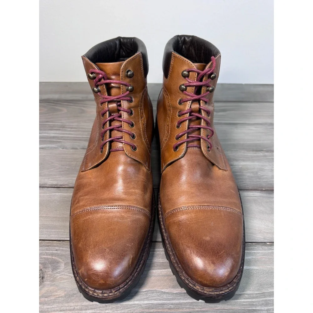 Johnston & Murphy Tan Leather Cap Toe Brogue Lug Sole Dress Boots Brown 11.5